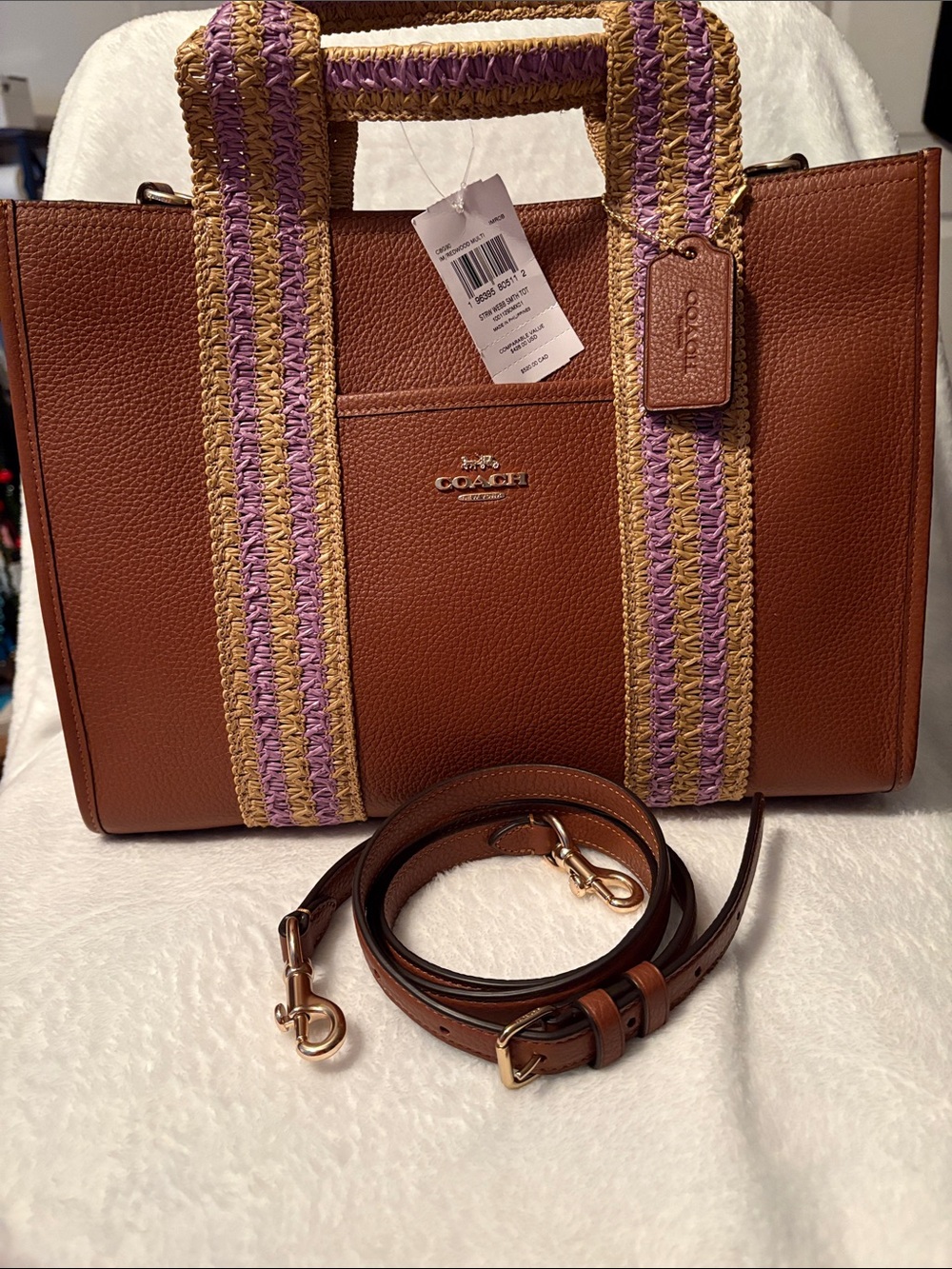 Coach Smith Leather Tote with Purple & Tan Woven Straps